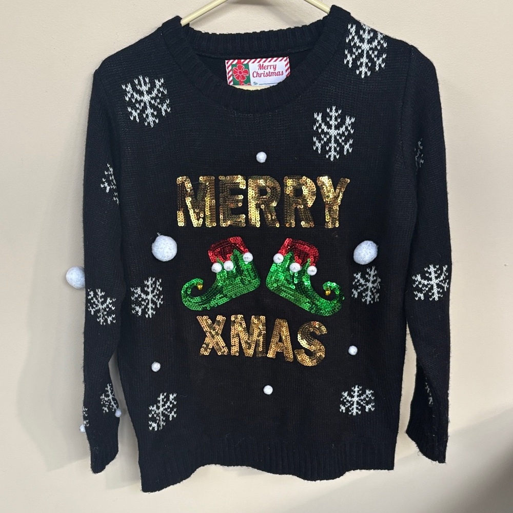 “Ugly”Black Christmas Sweater with Gold and Green Accents
